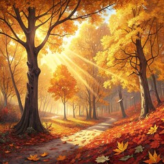 Golden Autumn Forest with Falling Leaves, Sunlight Through Trees