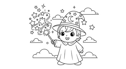 Cute Wizard Coloring Page with Stars and Clouds for Kids Activity