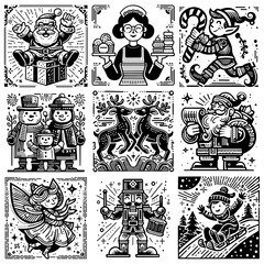 Festive Christmas illustrations featuring Santa snowmen elves reindeer nutcracker angel and a child sledding