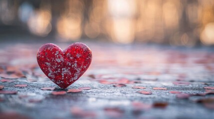 A red heart-shaped object with snow on it, placed on a wooden surface with scattered confetti.