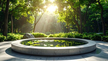 Serene circular pond in a sunlit forest