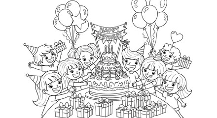 Fototapeta premium Line art illustration of children celebrating a birthday party with cake and gifts