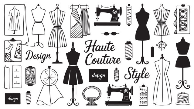 Fashion design elements including dress patterns sewing machine dressmaker dummy and thread spools representing haute couture style and elegance