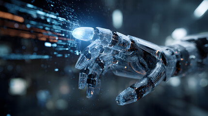close up of robotic hand interacting with holographic interface digital data streams futuristic high tech environment