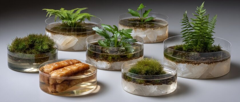 Varied types and sizes of moss, ferns, leaves, and grasses are neatly displayed in petri dishes against a clean white backdrop