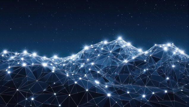 Stunning digital mountain landscape glows with interconnected nodes under a starry night sky, representing innovation and global connection - Powered by Adobe
