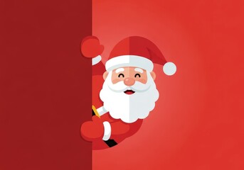 Playful Santa Claus Peeking Around a Red Corner in a Festive Flat Illustration.