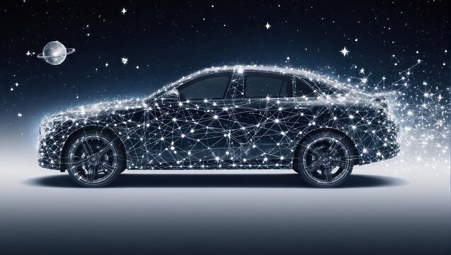 Futuristic electric car concept visualized with glowing digital network connections under a starry cosmos