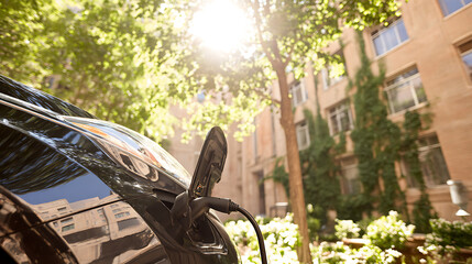 Electric car charging in a sunlit urban courtyard with greenery and buildings in the background