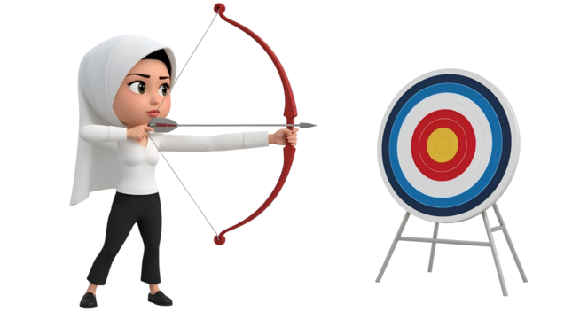 Cartoon girl in hijab with red bow and arrow aiming at a target on transparent background. white background muslim isolated on a transparent background