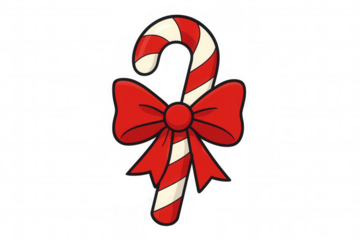 Candy cane with red bow, flat cartoon illustration for christmas, winter holiday, and sweet treat designs