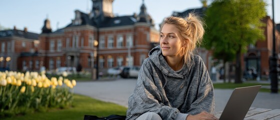 A woman sits in a garden, focused on her laptop, illuminated by sunlight and surrounded by vibrant tulips in full bloom.