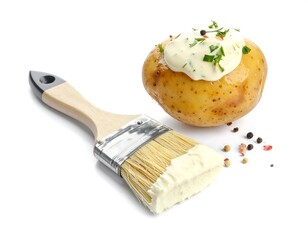 Baked potato with creamy sauce and brush