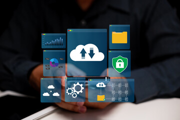 A person interacts with digital cloud storage icons, showcasing data management, security, and analytics in a modern tech environment.
