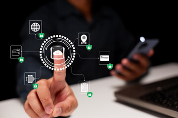 A person interacts with a digital interface showcasing security icons, representing technology and data protection in a modern environment.
