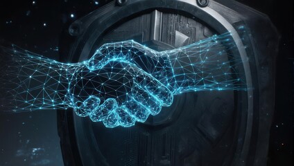Futuristic handshake symbolizes digital connection and global partnership with glowing network overlay against dark tech background