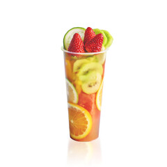 Refreshing tropical iced fruit beverage with citrus slices, orange slices, kiwi and strawberries, isolated on white background