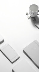 Clean White Workspace with Smartphone, Notebook, and Coffee Mug