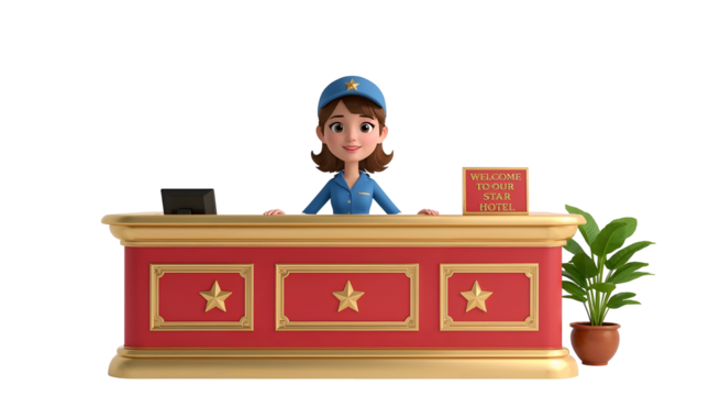 Cartoon hotel receptionist behind a red and gold desk with stars and a welcome sign uniform transparent background isolated on a transparent background