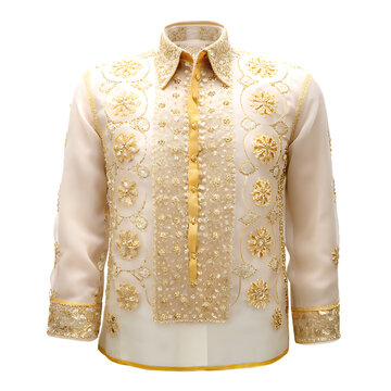 White Barong Tagalog with Gold Embroidery isolated on a transparent background filipino clothing 2