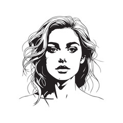 Black and white close up illustration of a beautiful woman face minimalist elegant line art drawing