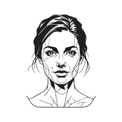 Black and white close up illustration of a beautiful woman face minimalist elegant line art drawing