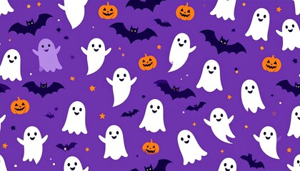 Cute Halloween Pattern with Friendly Ghosts and Bats