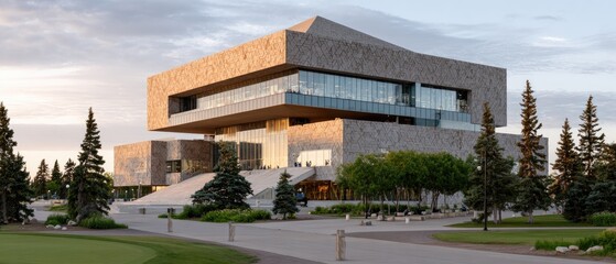 Inverted pyramid church features a unique design of concrete and glass, nestled in nature near a golf course during golden hour.