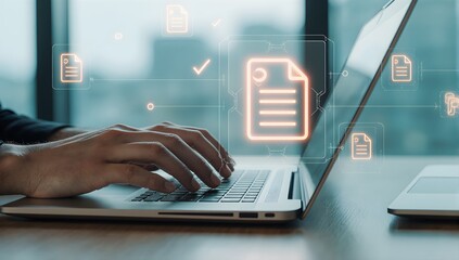 Digital Document Approval Workflow On Laptop Keyboard