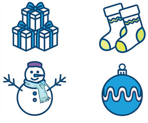 Christmas Icons Gifts, Snowman, Socks, Ornament - Vector Illustration