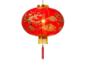 A vibrant red Chinese lantern, adorned with intricate gold patterns of cherry blossoms and clouds, hangs against a stark black background.