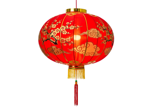 A vibrant red Chinese lantern, adorned with intricate gold patterns of cherry blossoms and clouds, hangs against a stark black background.