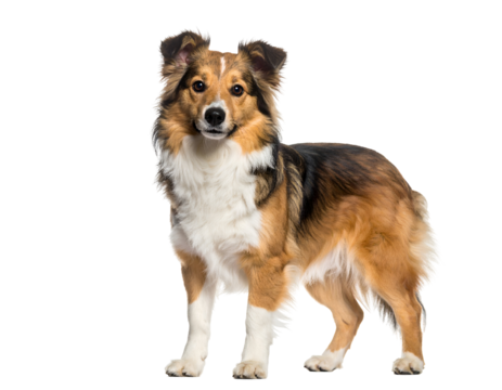 A charming dog with a fluffy coat stands confidently, showcasing its playful and friendly demeanor in a bright setting.