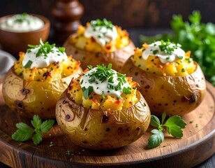 Baked potatoes stuffed with a cheesy filling, topped with sour cream and herbs