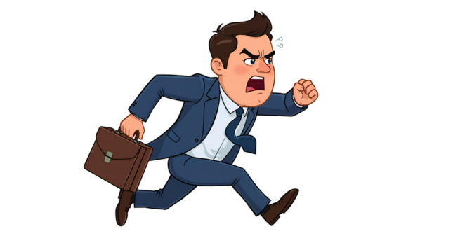 Cartoon man in a suit running angrily with a briefcase on a transparent background. black background businessman isolated on a transparent background