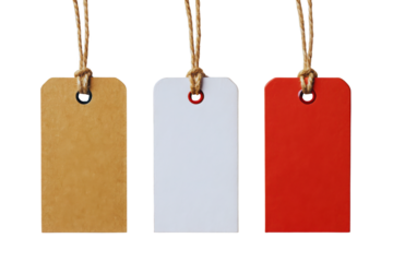 Three blank rectangular gift tags hanging with twine for labeling and decoration isolated on transparent background
