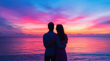 A romantic couple embraces at sunset by the ocean, surrounded by vibrant pink and purple skies reflecting on the water.