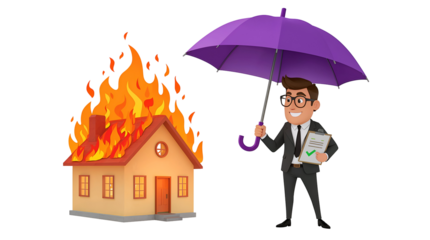 Cartoon man with purple umbrella protects burning house holding document transparent background. isolated on a transparent background