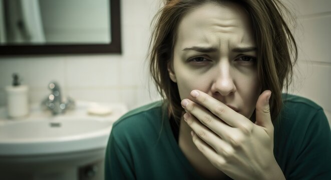 Woman with unwell expression covering her mouth. Morning sickness or food poisoning concept. Health issue for medical brochure.