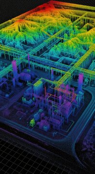 Colorful 3D point cloud scan of industrial factory. Digital representation of a manufacturing plant. Modern spatial data technology.