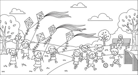 Children flying kites in a park coloring page for kids activity book