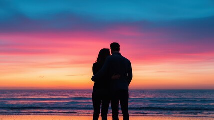 Fototapeta premium Silhouette of a couple embracing at sunset, with vibrant colors reflecting on the water and a serene beach atmosphere.