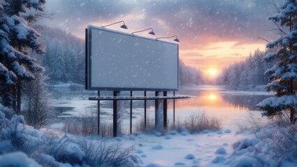 Blank billboard in serene snowy landscape at sunset, ready for your impactful winter advertising campaign