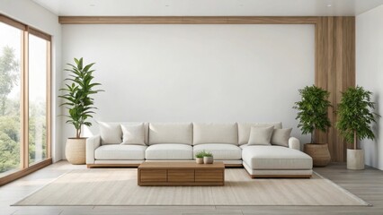 Spacious living room with large sectional sofa and wooden coffee table