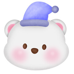 A cartoon bear with a blue hat on its head