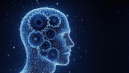 Dynamic abstract digital brain with intricate gears representing artificial intelligence and complex thought processes in a cosmic background