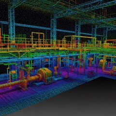 Point cloud scan of industrial facility structure in colorful digital data visualization. Laser scanning for building information modeling.