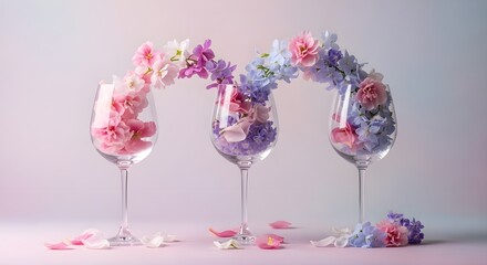 Obraz premium Creative Still Life of Wine Glasses with Flowers and Decorative Composition