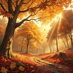 Golden Autumn Forest with Falling Leaves, Sunlight Through Trees