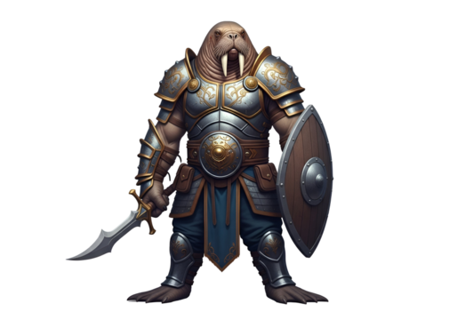 A walrus warrior, clad in ornate, steel armor, stands ready with sword and shield, against a dark background.
